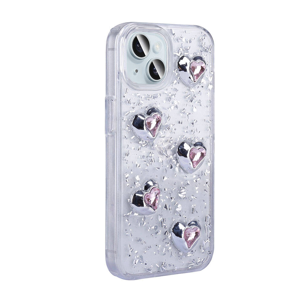Apple iPhone 15 Kılıf Airbagli Simli Arka Yüzey Zore Işıltı Silikon Kapak Pembe
