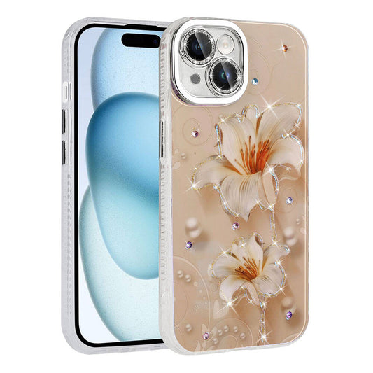 Apple iPhone 15 Kılıf Çiçek Desenli Parlak Taşlı Sert Silikon Zore Garden Kapak Pembe Açık