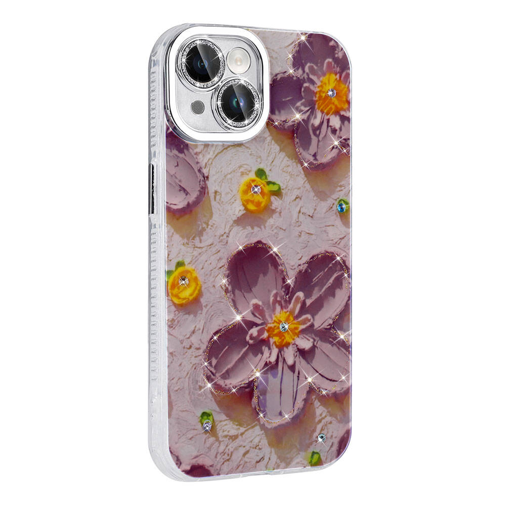 Apple iPhone 15 Kılıf Çiçek Desenli Parlak Taşlı Sert Silikon Zore Garden Kapak Colorful