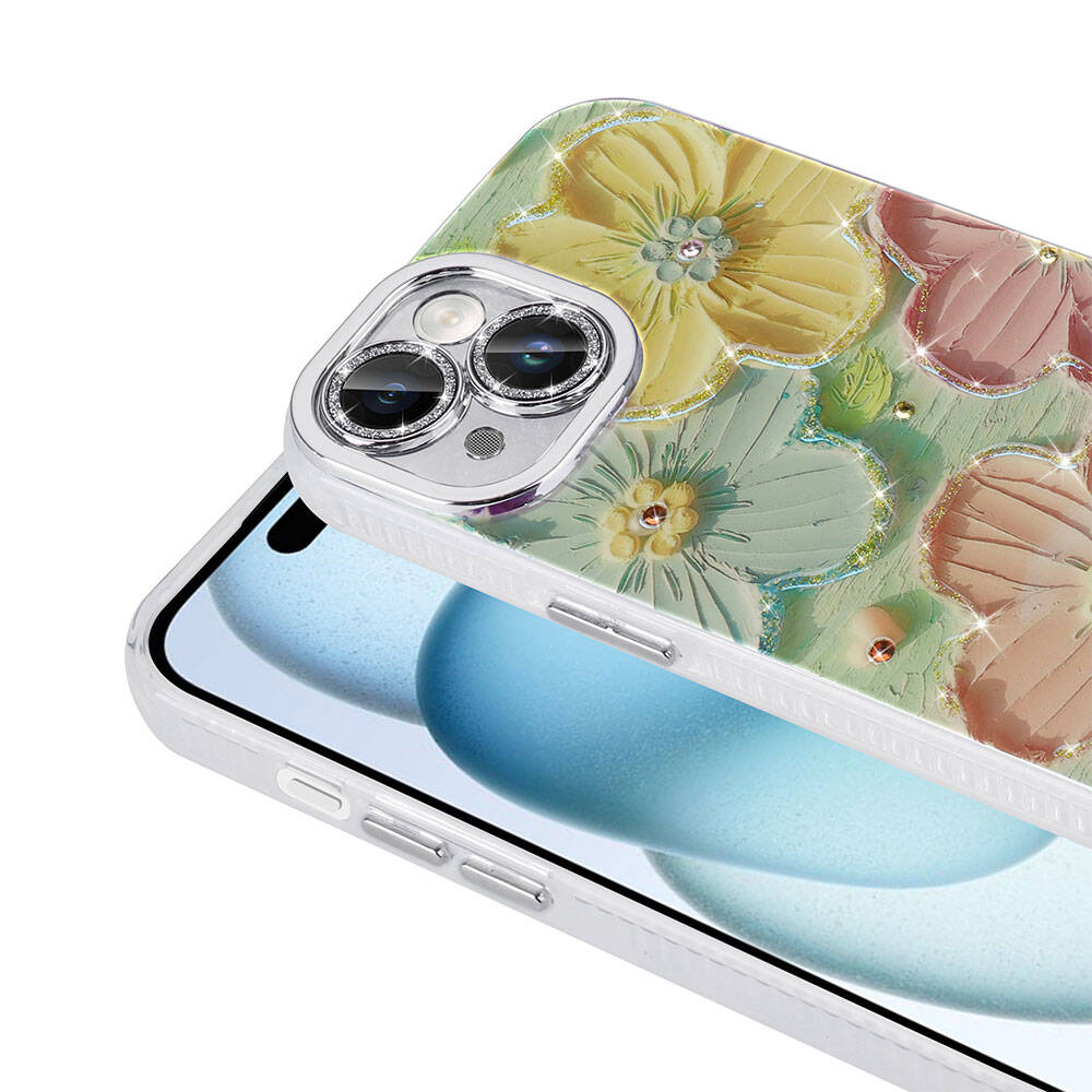 Apple iPhone 15 Kılıf Çiçek Desenli Parlak Taşlı Sert Silikon Zore Garden Kapak Beyaz
