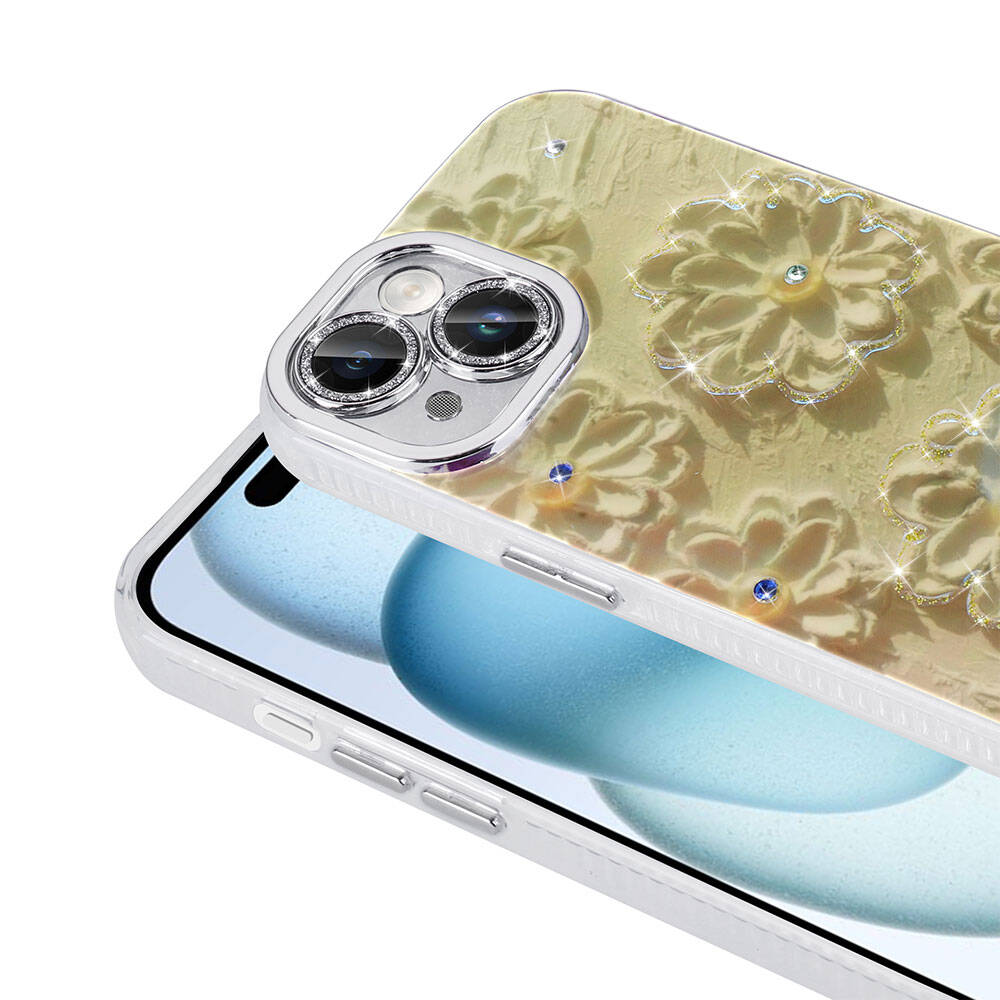 Apple iPhone 15 Kılıf Çiçek Desenli Parlak Taşlı Sert Silikon Zore Garden Kapak Beyaz
