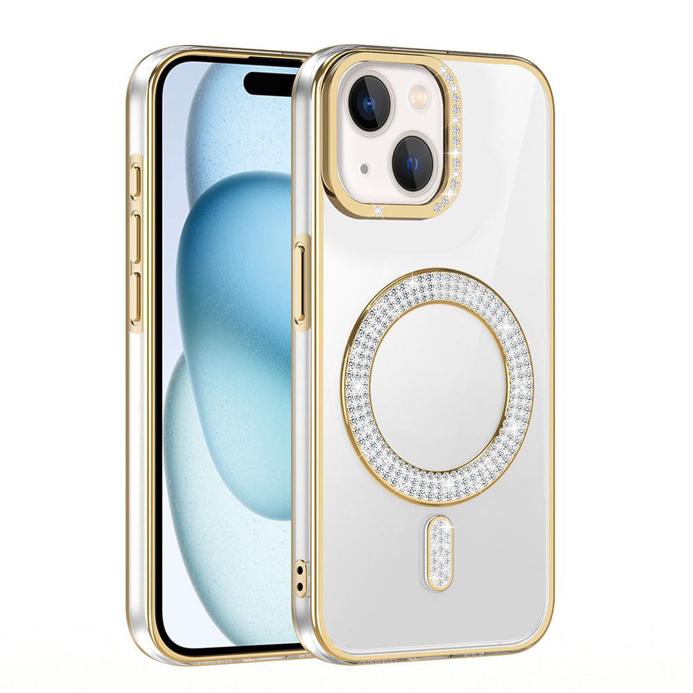Apple iPhone 15 Kılıf Pırlanta Taş Tasarımlı M-safe Şarj Özellikli Zore Karetta Silikon Kapak Siyah