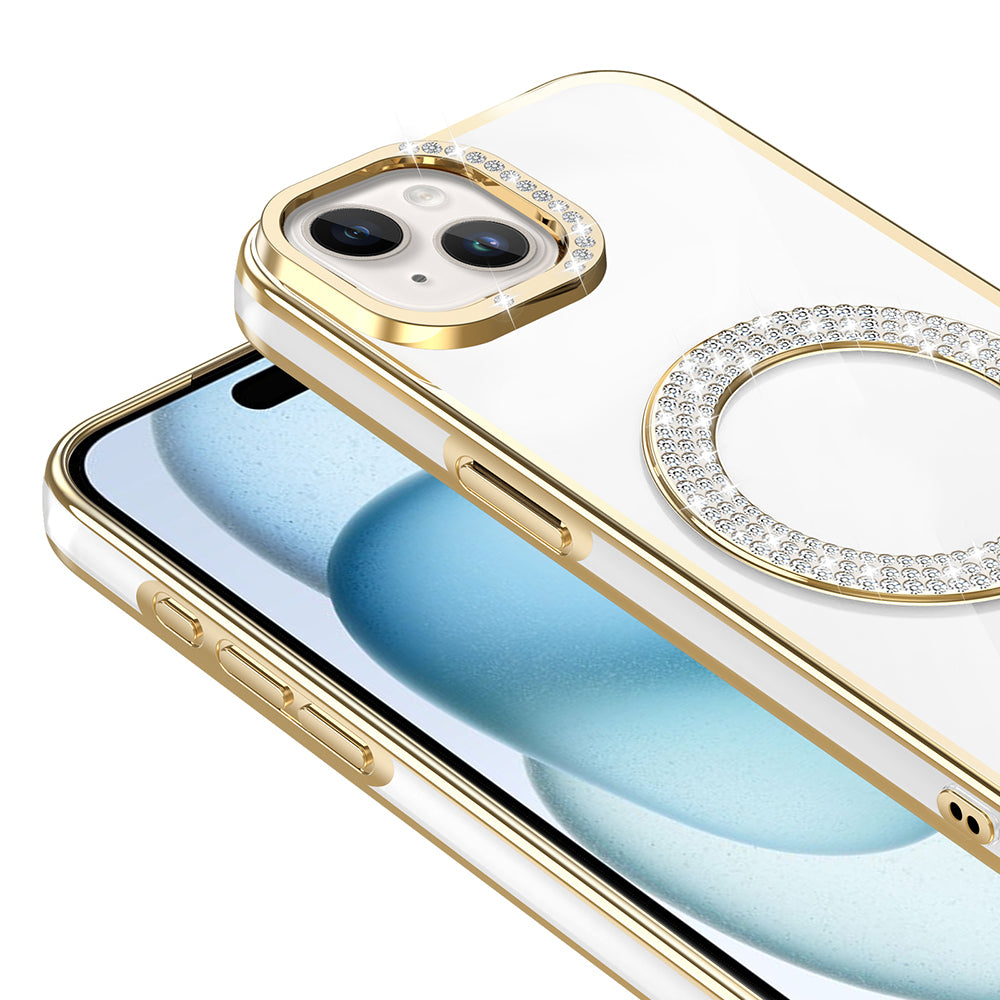 Apple iPhone 15 Kılıf Pırlanta Taş Tasarımlı M-safe Şarj Özellikli Zore Karetta Silikon Kapak Gümüş