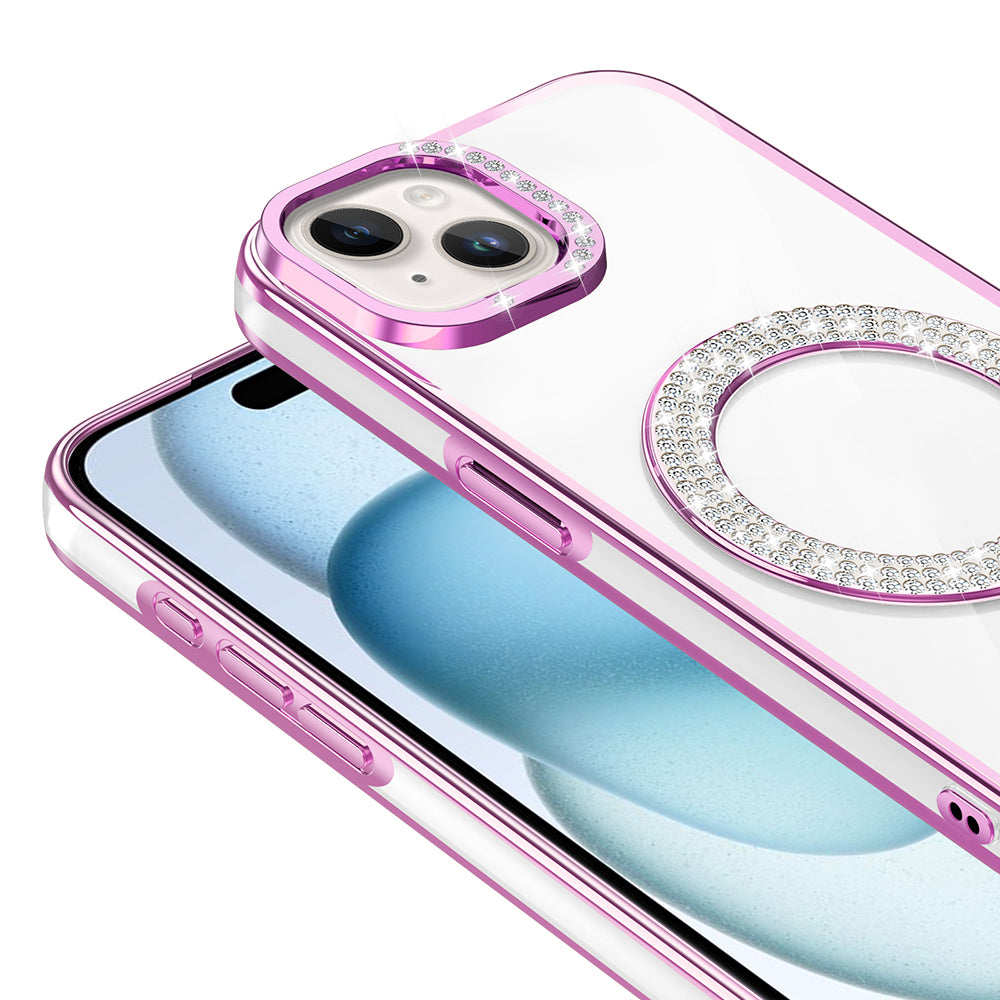 Apple iPhone 15 Kılıf Pırlanta Taş Tasarımlı M-safe Şarj Özellikli Zore Karetta Silikon Kapak Siyah