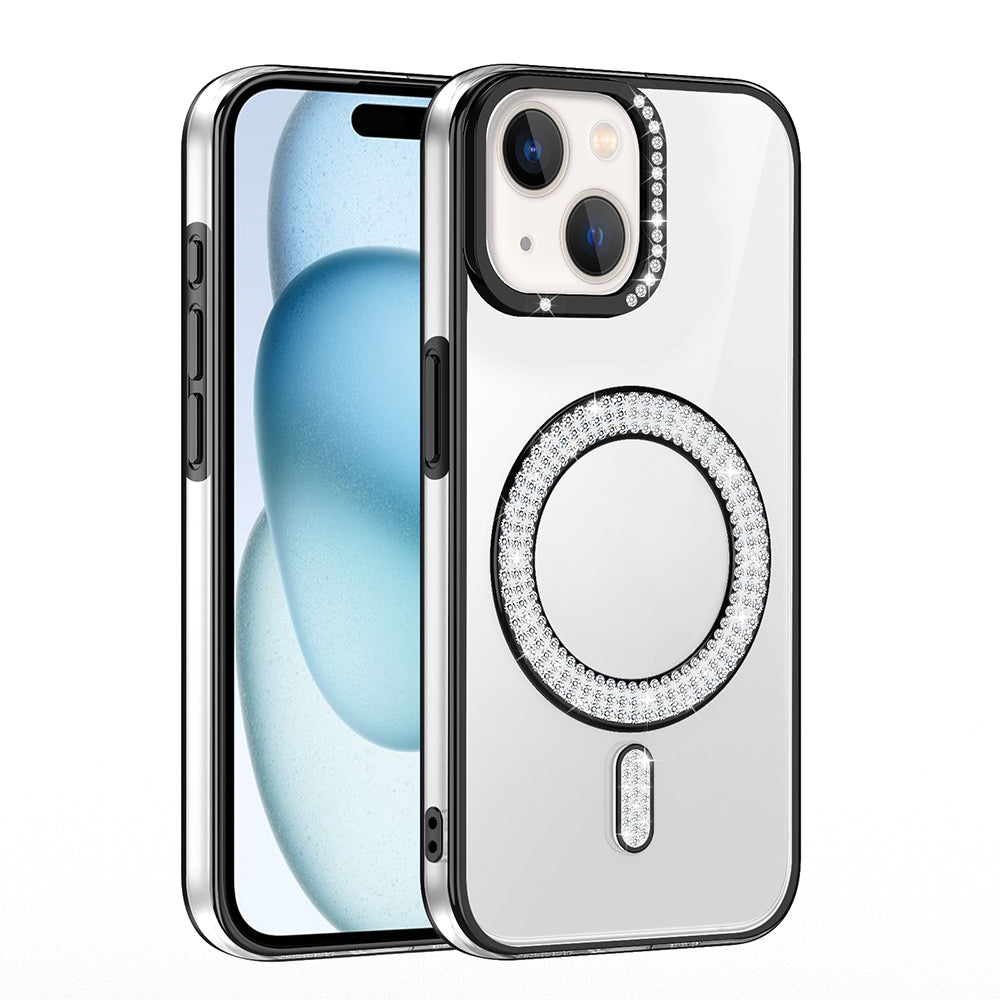 Apple iPhone 15 Kılıf Pırlanta Taş Tasarımlı M-safe Şarj Özellikli Zore Karetta Silikon Kapak Siyah
