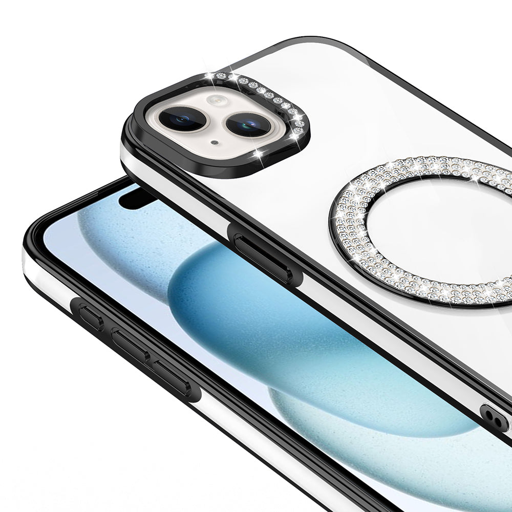 Apple iPhone 15 Kılıf Pırlanta Taş Tasarımlı M-safe Şarj Özellikli Zore Karetta Silikon Kapak Gümüş