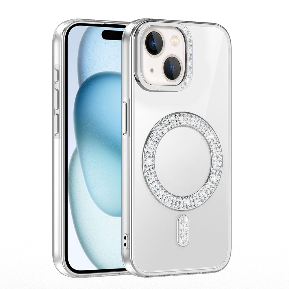 Apple iPhone 15 Kılıf Pırlanta Taş Tasarımlı M-safe Şarj Özellikli Zore Karetta Silikon Kapak Gümüş