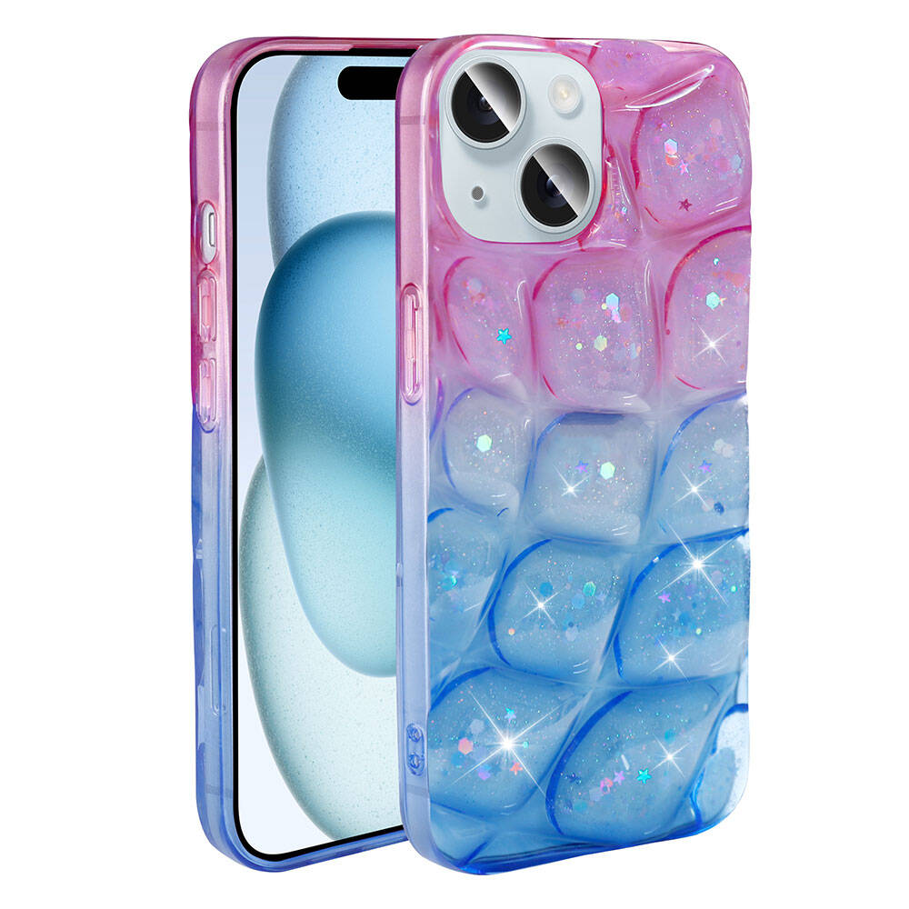 Apple iPhone 15 Kılıf Simli 3D Desenli Zore Hacar Kapak Mor-Mavi