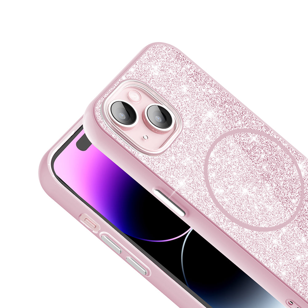 Apple iPhone 15 Plus Kılıf M-safe Şarj Özellikli Parlayan Simli Zore Okso Kapak Siyah
