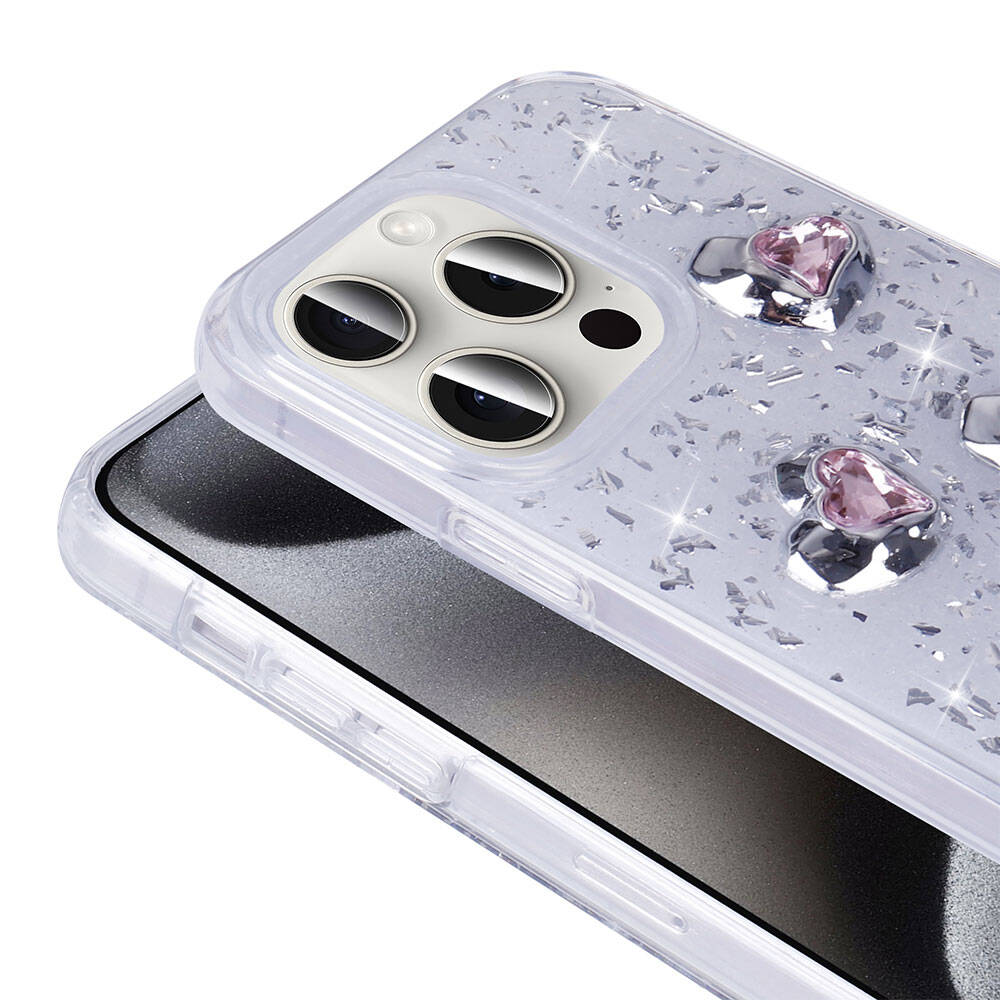Apple iPhone 15 Pro Kılıf Airbagli Simli Arka Yüzey Zore Işıltı Silikon Kapak Pembe