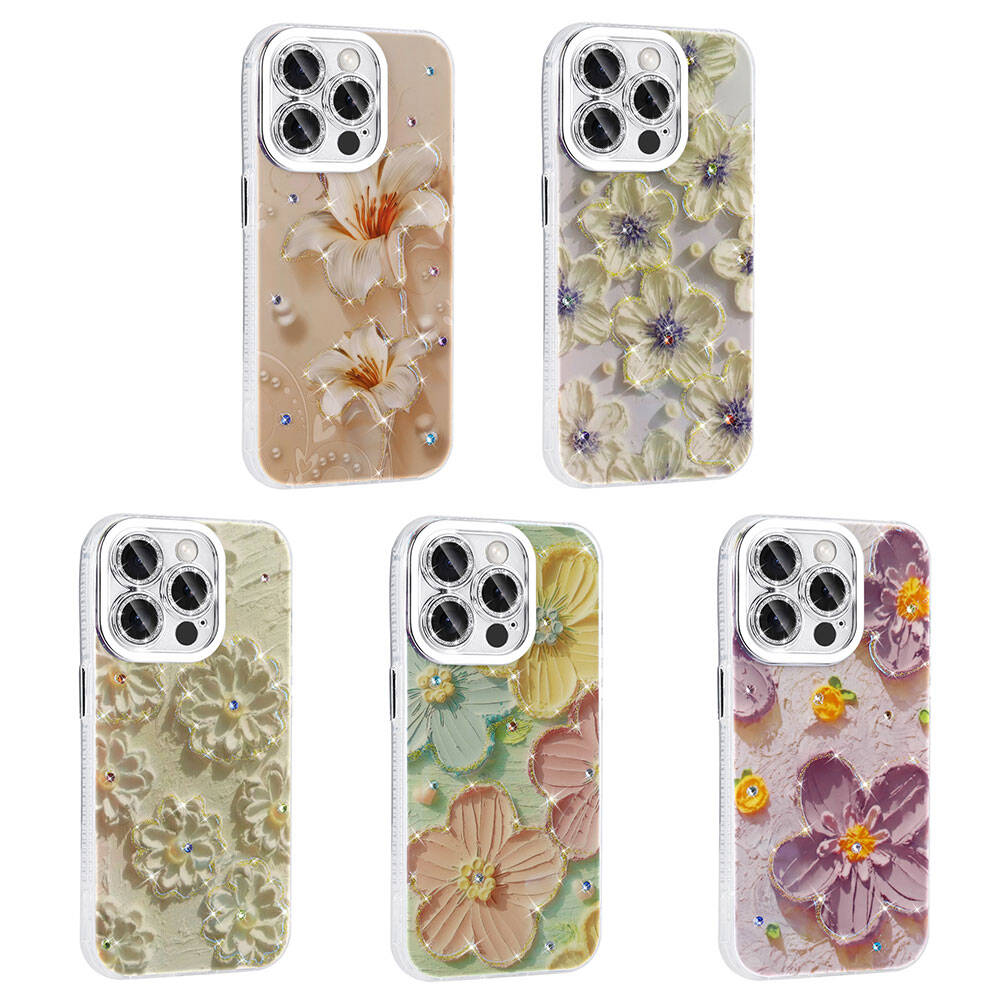 Apple iPhone 15 Pro Kılıf Çiçek Desenli Parlak Taşlı Sert Silikon Zore Garden Kapak Colorful