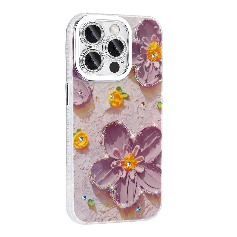 Apple iPhone 15 Pro Kılıf Çiçek Desenli Parlak Taşlı Sert Silikon Zore Garden Kapak Colorful