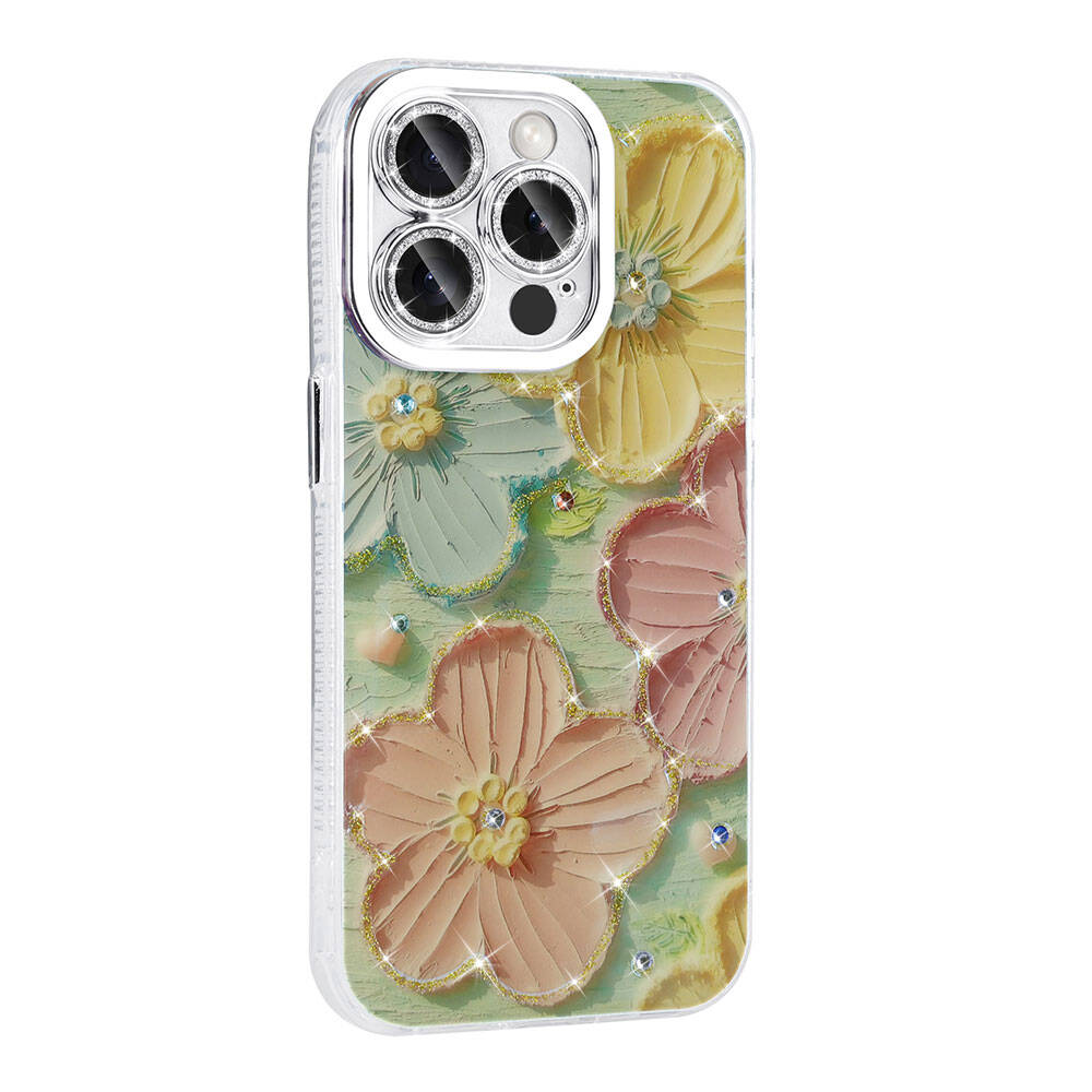 Apple iPhone 15 Pro Kılıf Çiçek Desenli Parlak Taşlı Sert Silikon Zore Garden Kapak Colorful