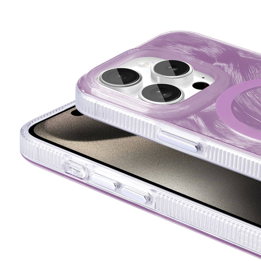 Apple iPhone 15 Pro Kılıf M-safe Şarj Özellikli Fırça Boya Desenli Zore Palet Kapak Mor