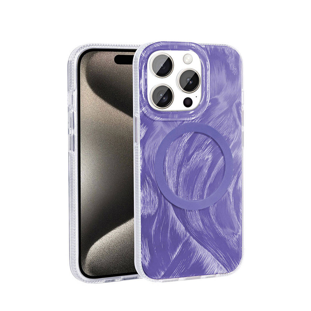 Apple iPhone 15 Pro Kılıf M-safe Şarj Özellikli Fırça Boya Desenli Zore Palet Kapak Mor