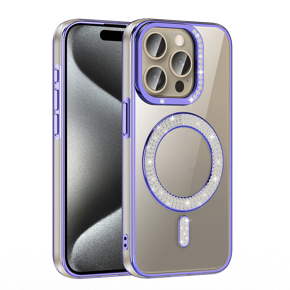 Apple iPhone 15 Pro Kılıf Pırlanta Taş Tasarımlı M-safe Şarj Özellikli Zore Karetta Silikon Kapak Mor