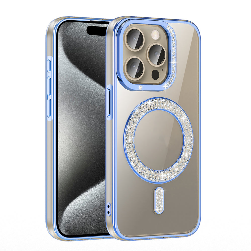 Apple iPhone 15 Pro Kılıf Pırlanta Taş Tasarımlı M-safe Şarj Özellikli Zore Karetta Silikon Kapak Mavi