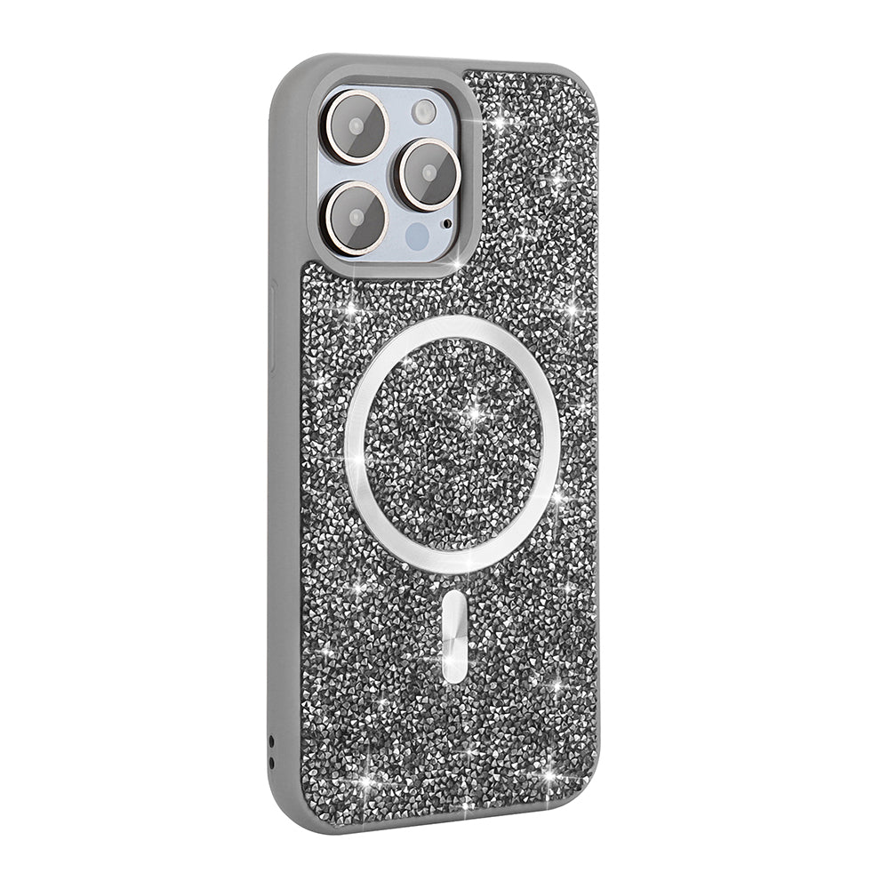 Apple iPhone 15 Pro Kılıf Pırlanta Tasarımlı M-safe Şarj Özellikli Zore Mozaik Silikon Kapak Titanyum-Gri