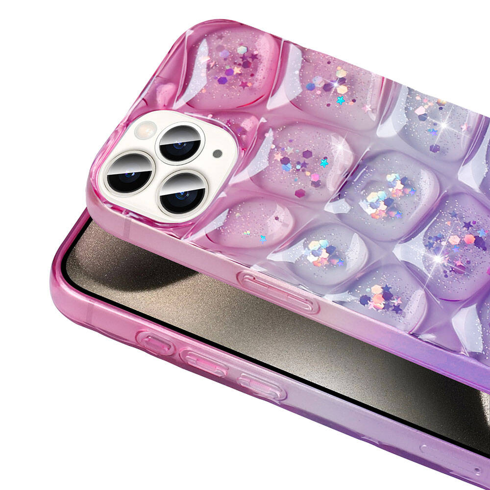 Apple iPhone 15 Pro Kılıf Simli 3D Desenli Zore Hacar Kapak Pembe-Mor