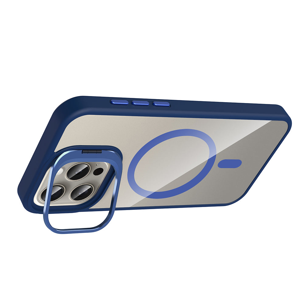 Apple iPhone 15 Pro Kılıf Standlı ve Kamera Lens Hediyeli M-Safe Şarj Özellikli Zore Etro Kapak Gri