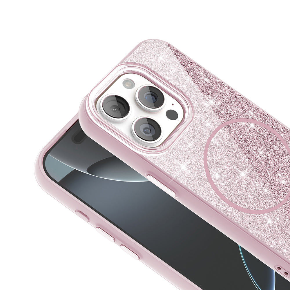 Apple iPhone 15 Pro Max Kılıf M-safe Şarj Özellikli Parlayan Simli Zore Okso Kapak Pembe