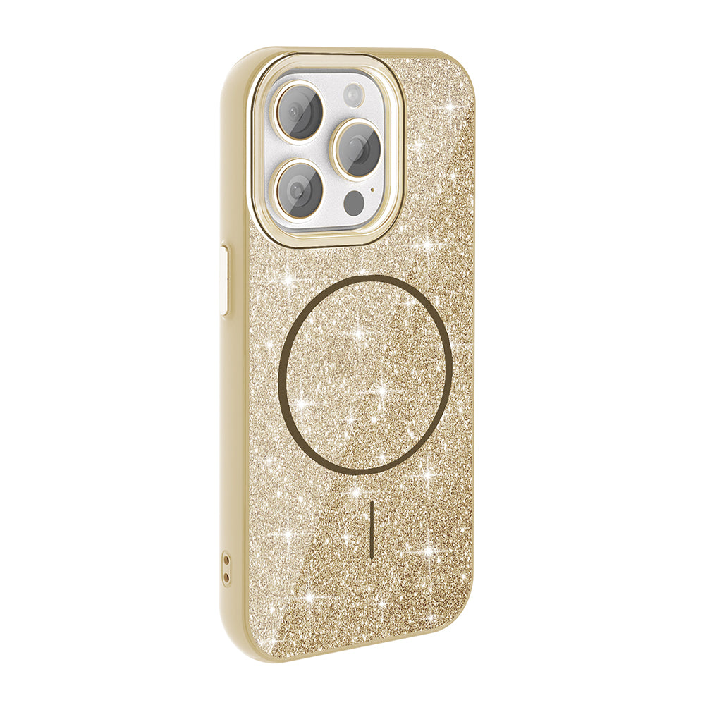 Apple iPhone 15 Pro Max Kılıf M-safe Şarj Özellikli Parlayan Simli Zore Okso Kapak Gold