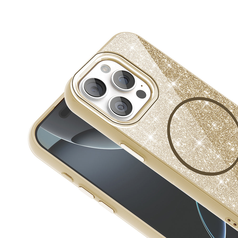 Apple iPhone 15 Pro Max Kılıf M-safe Şarj Özellikli Parlayan Simli Zore Okso Kapak Pembe