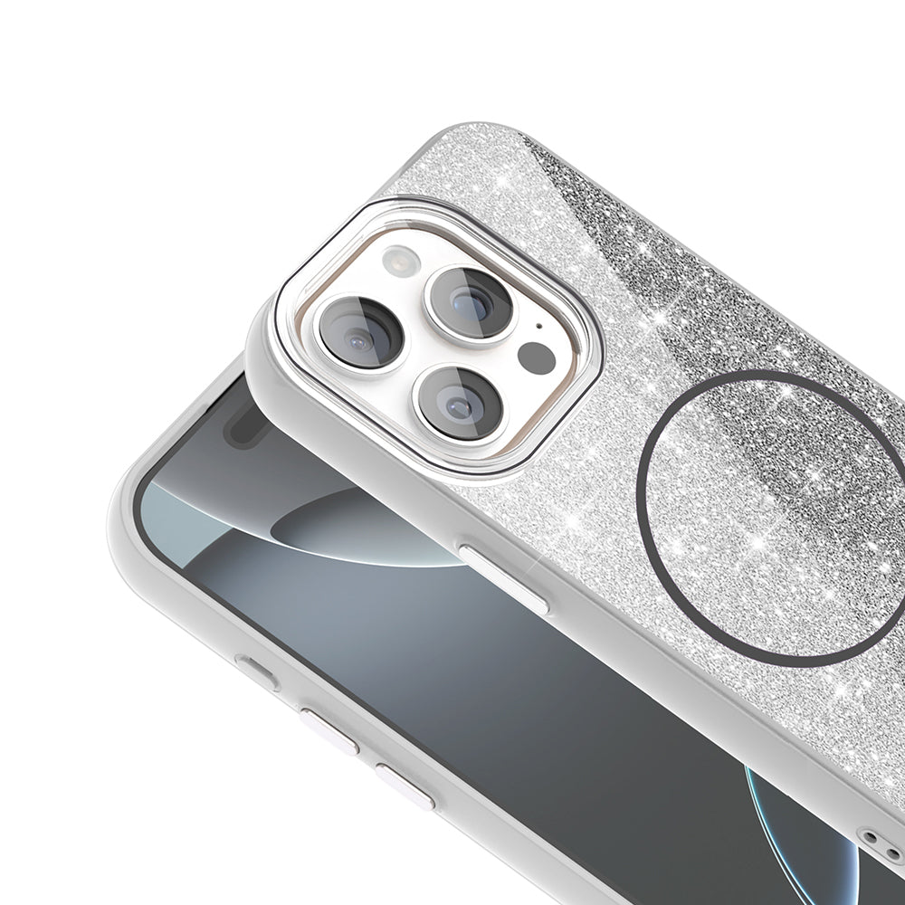 Apple iPhone 15 Pro Max Kılıf M-safe Şarj Özellikli Parlayan Simli Zore Okso Kapak Siyah