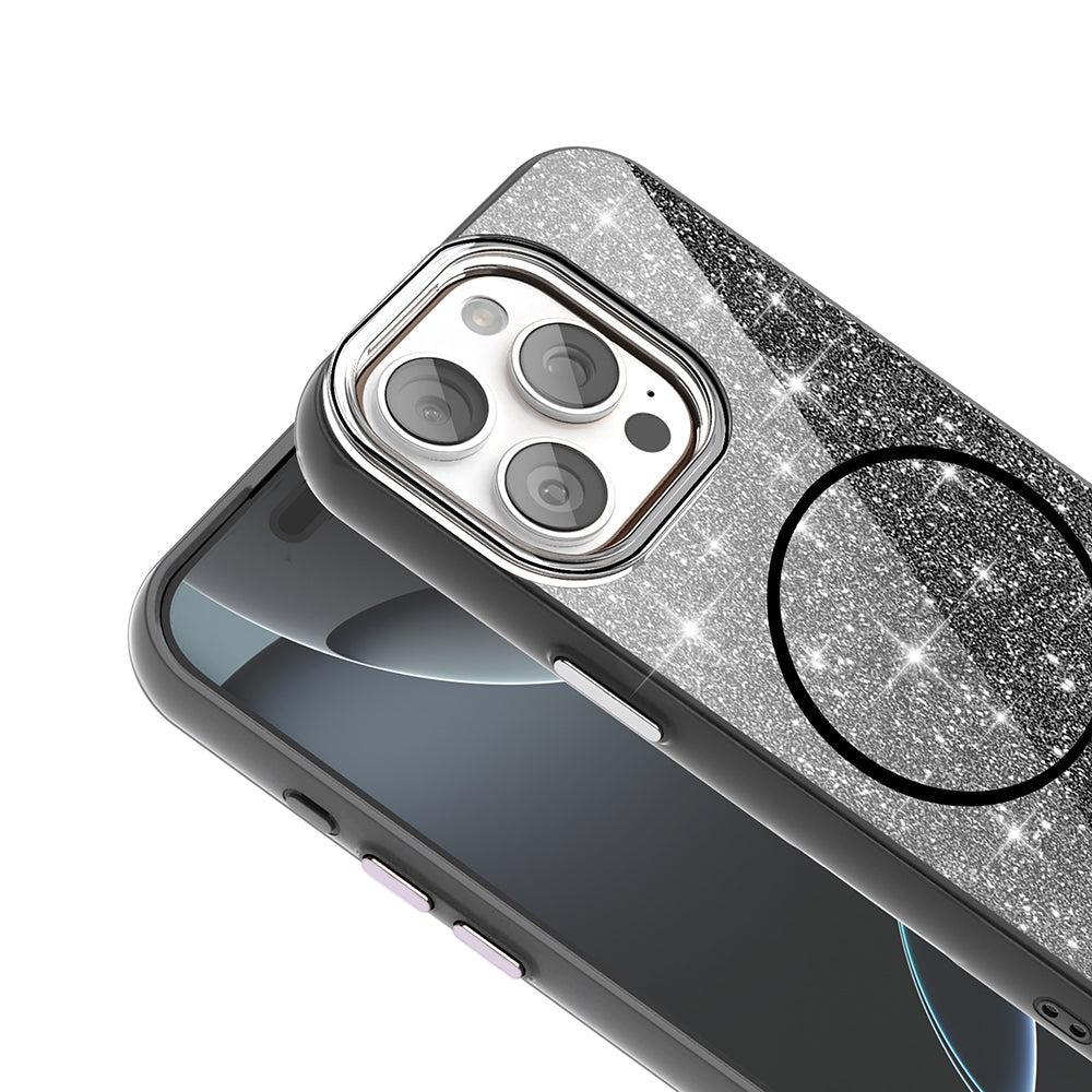Apple iPhone 15 Pro Max Kılıf M-safe Şarj Özellikli Parlayan Simli Zore Okso Kapak Derin Mor