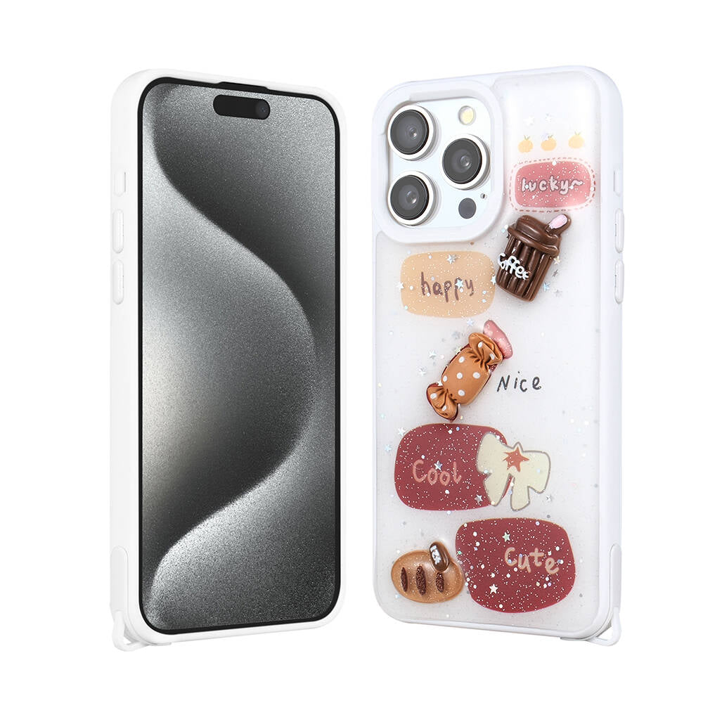 Apple iPhone 15 Pro Max Kılıf Parlayan Simli Kabartma Figürlü Zore Cevze Kapak Mor Papatya