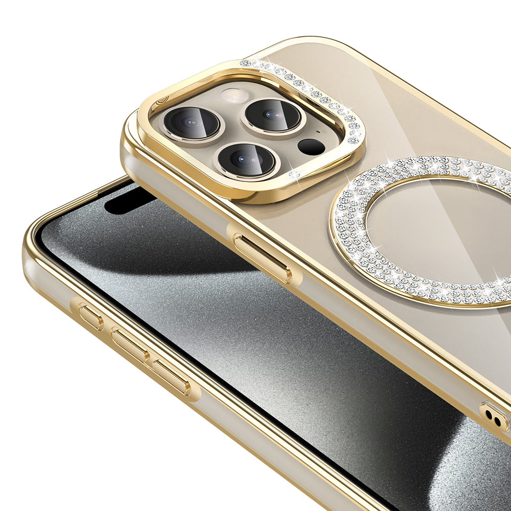 Apple iPhone 15 Pro Max Kılıf Pırlanta Taş Tasarımlı M-safe Şarj Özellikli Zore Karetta Silikon Kapak Gümüş