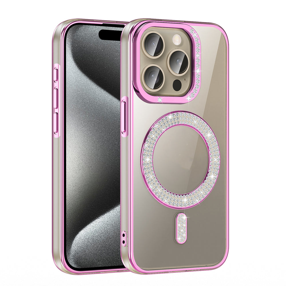 Apple iPhone 15 Pro Max Kılıf Pırlanta Taş Tasarımlı M-safe Şarj Özellikli Zore Karetta Silikon Kapak Rose Gold