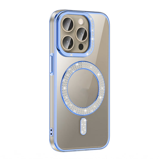 Apple iPhone 15 Pro Max Kılıf Pırlanta Taş Tasarımlı M-safe Şarj Özellikli Zore Karetta Silikon Kapak Mavi
