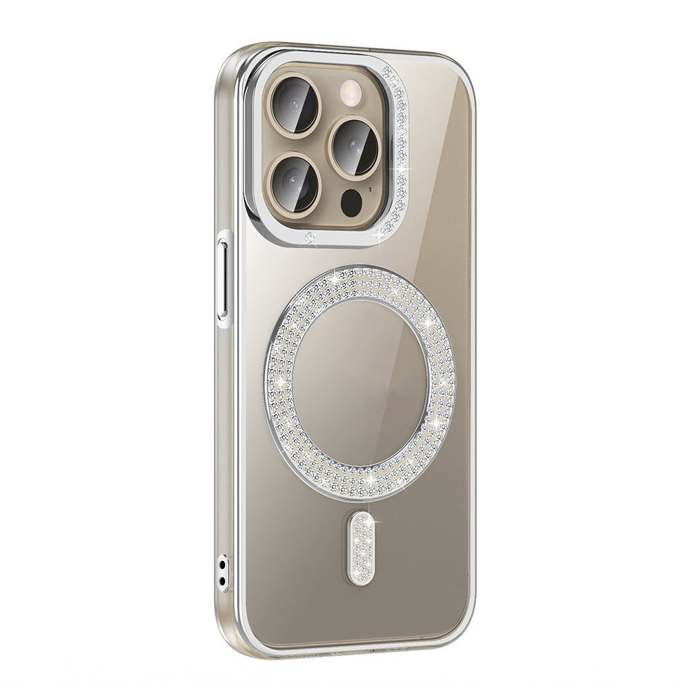 Apple iPhone 15 Pro Max Kılıf Pırlanta Taş Tasarımlı M-safe Şarj Özellikli Zore Karetta Silikon Kapak Gümüş