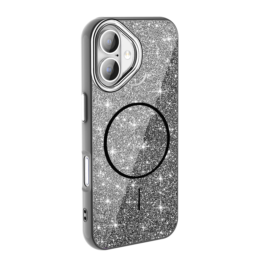 Apple iPhone 16 Kılıf M-safe Şarj Özellikli Parlayan Simli Zore Okso Kapak Siyah