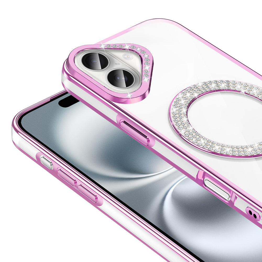 Apple iPhone 16 Kılıf Pırlanta Taş Tasarımlı M-safe Şarj Özellikli Zore Karetta Silikon Kapak Gümüş