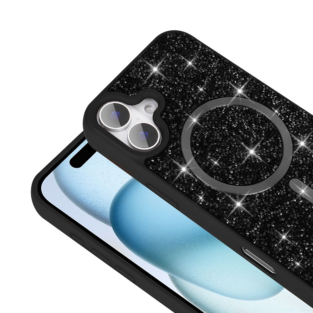 Apple iPhone 16 Kılıf Pırlanta Tasarımlı M-safe Şarj Özellikli Zore Mozaik Silikon Kapak Siyah