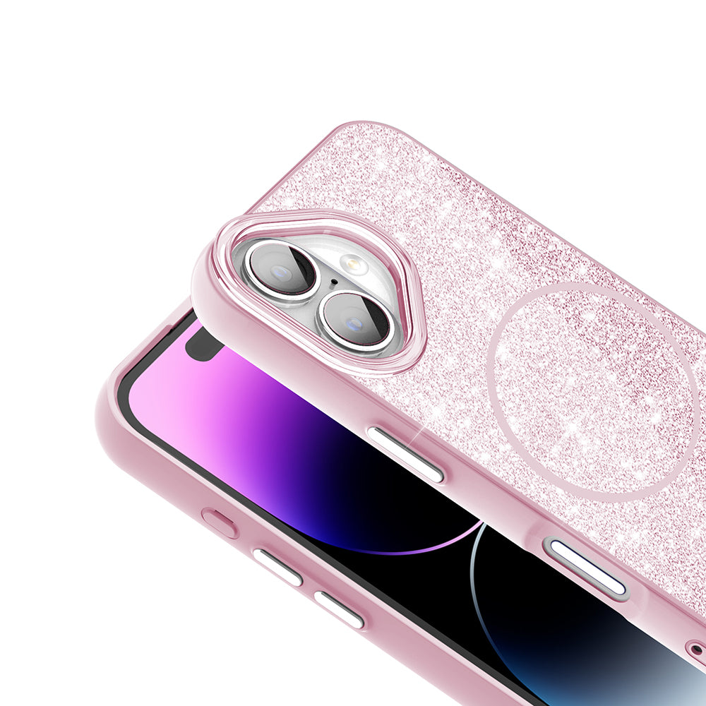 Apple iPhone 16 Plus Kılıf M-safe Şarj Özellikli Parlayan Simli Zore Okso Kapak Pembe