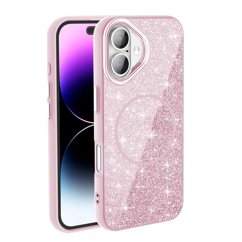 Apple iPhone 16 Plus Kılıf M-safe Şarj Özellikli Parlayan Simli Zore Okso Kapak Pembe