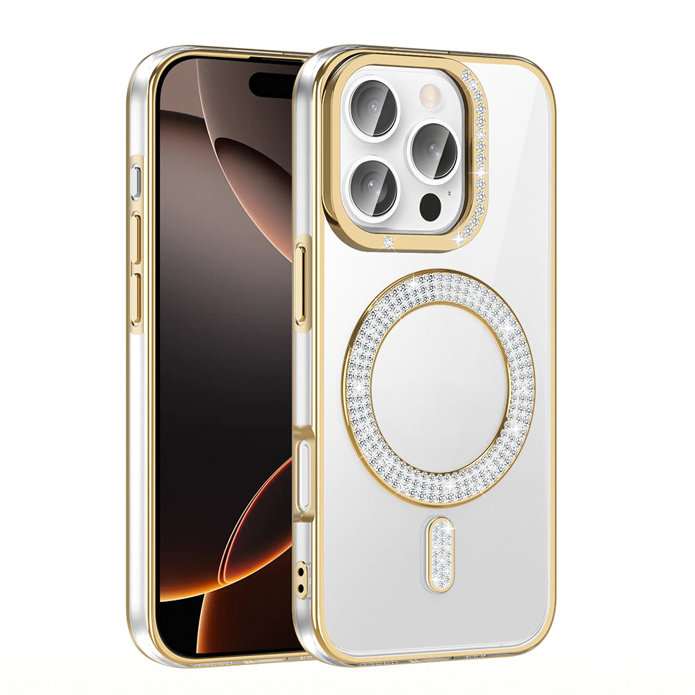 Apple iPhone 16 Pro Kılıf Pırlanta Taş Tasarımlı M-safe Şarj Özellikli Zore Karetta Silikon Kapak Gümüş