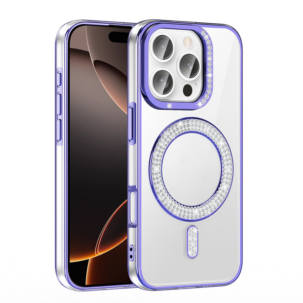 Apple iPhone 16 Pro Kılıf Pırlanta Taş Tasarımlı M-safe Şarj Özellikli Zore Karetta Silikon Kapak Gümüş