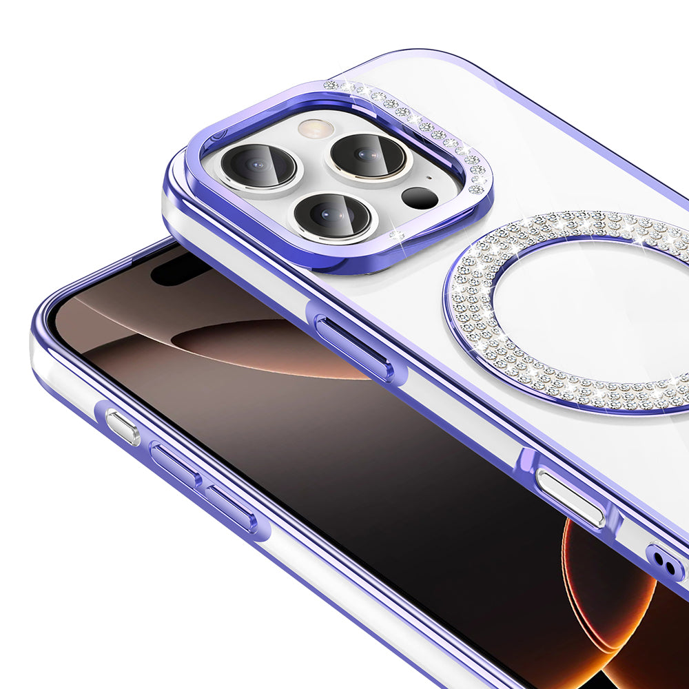 Apple iPhone 16 Pro Kılıf Pırlanta Taş Tasarımlı M-safe Şarj Özellikli Zore Karetta Silikon Kapak Gümüş
