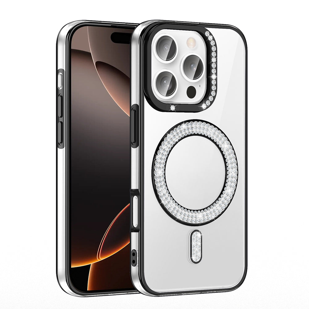 Apple iPhone 16 Pro Kılıf Pırlanta Taş Tasarımlı M-safe Şarj Özellikli Zore Karetta Silikon Kapak Mavi