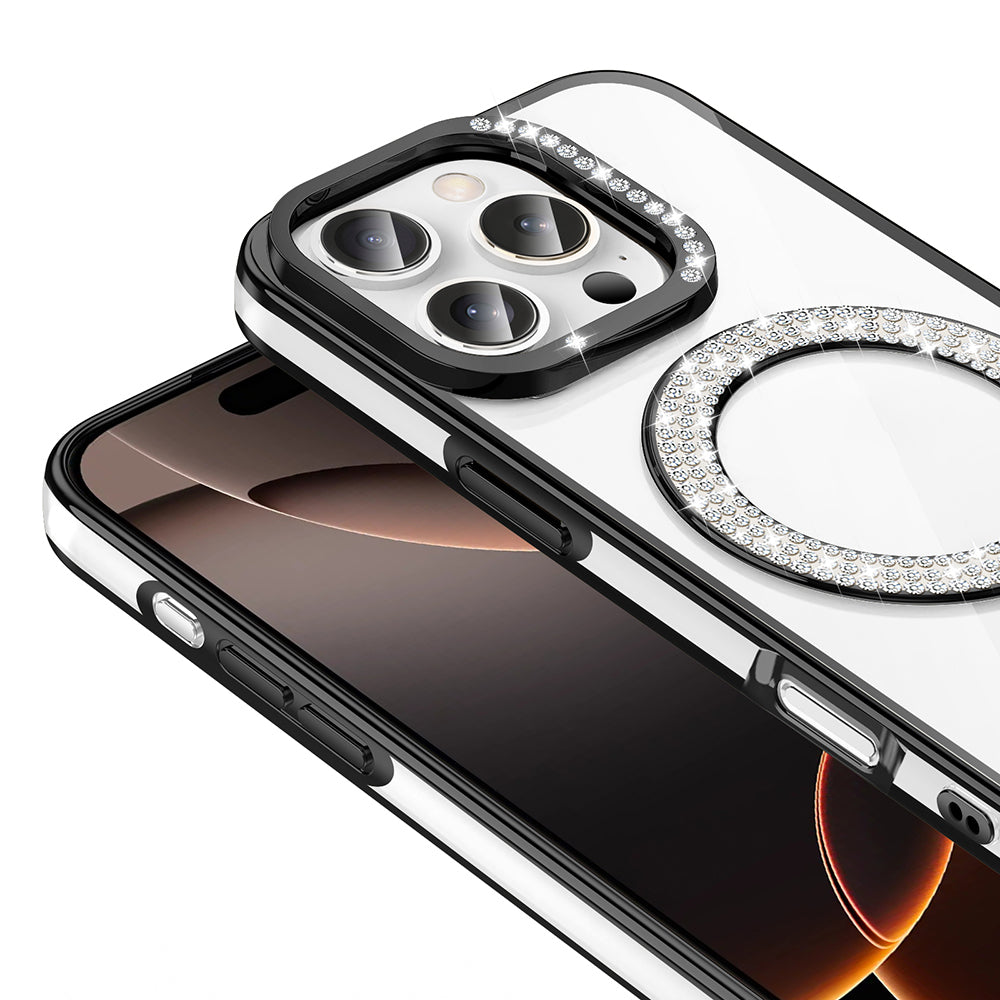 Apple iPhone 16 Pro Kılıf Pırlanta Taş Tasarımlı M-safe Şarj Özellikli Zore Karetta Silikon Kapak Rose Gold