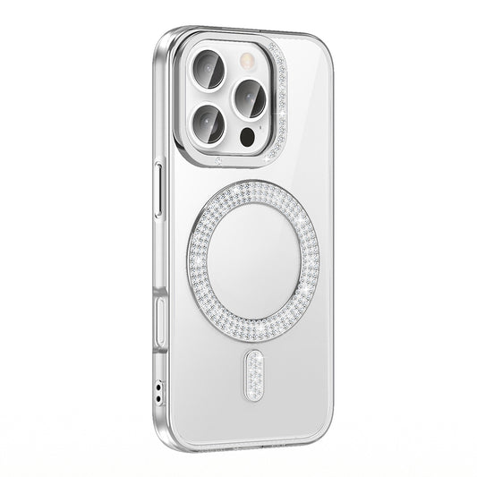 Apple iPhone 16 Pro Kılıf Pırlanta Taş Tasarımlı M-safe Şarj Özellikli Zore Karetta Silikon Kapak Gümüş