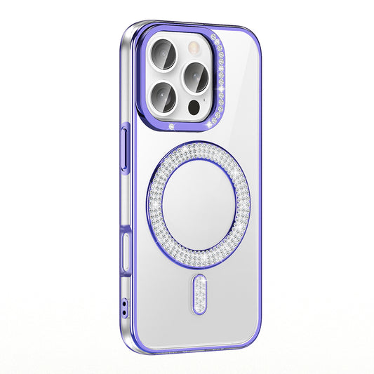 Apple iPhone 16 Pro Kılıf Pırlanta Taş Tasarımlı M-safe Şarj Özellikli Zore Karetta Silikon Kapak Mor