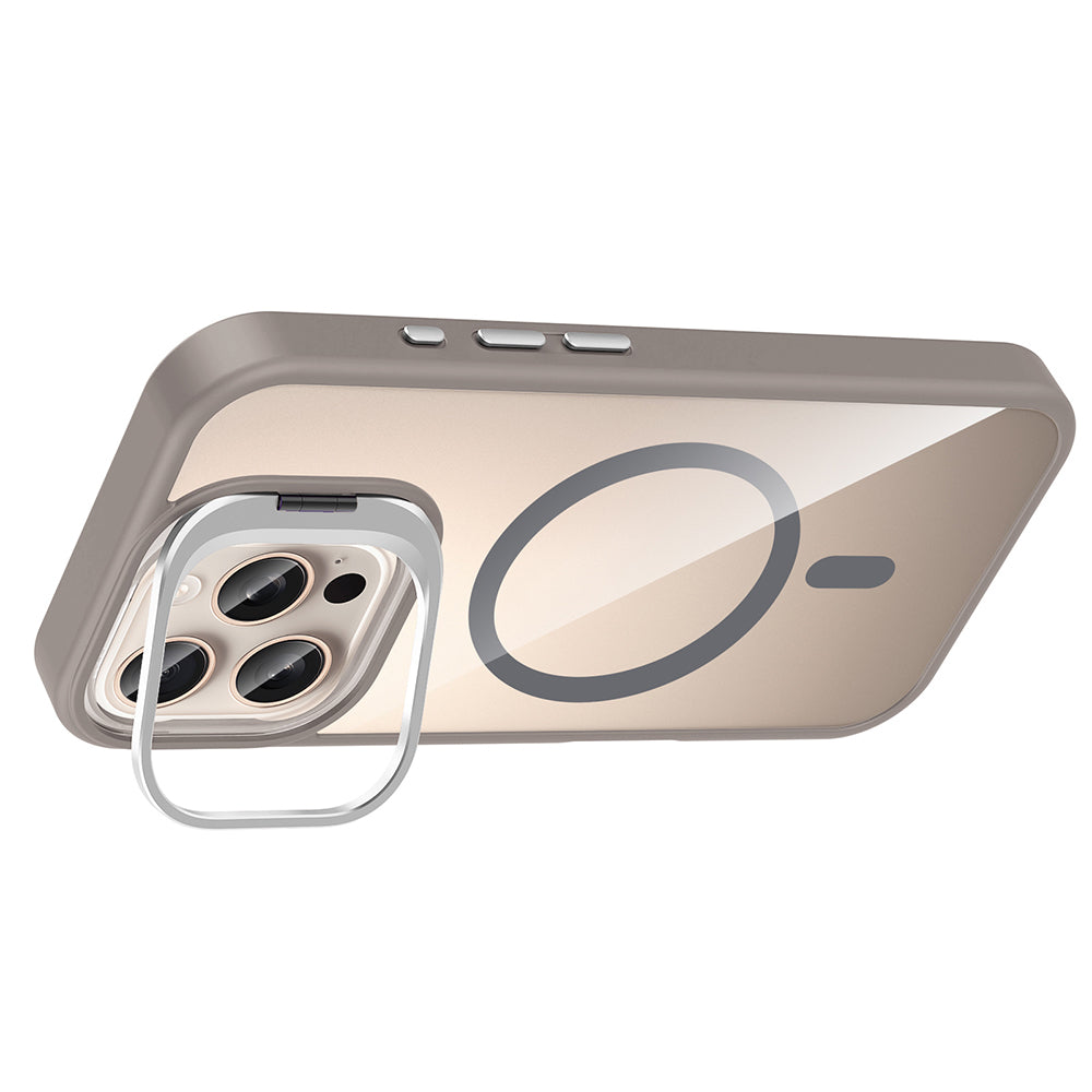 Apple iPhone 16 Pro Kılıf Standlı ve Kamera Lens Hediyeli M-Safe Şarj Özellikli Zore Etro Kapak Desert Titanyum