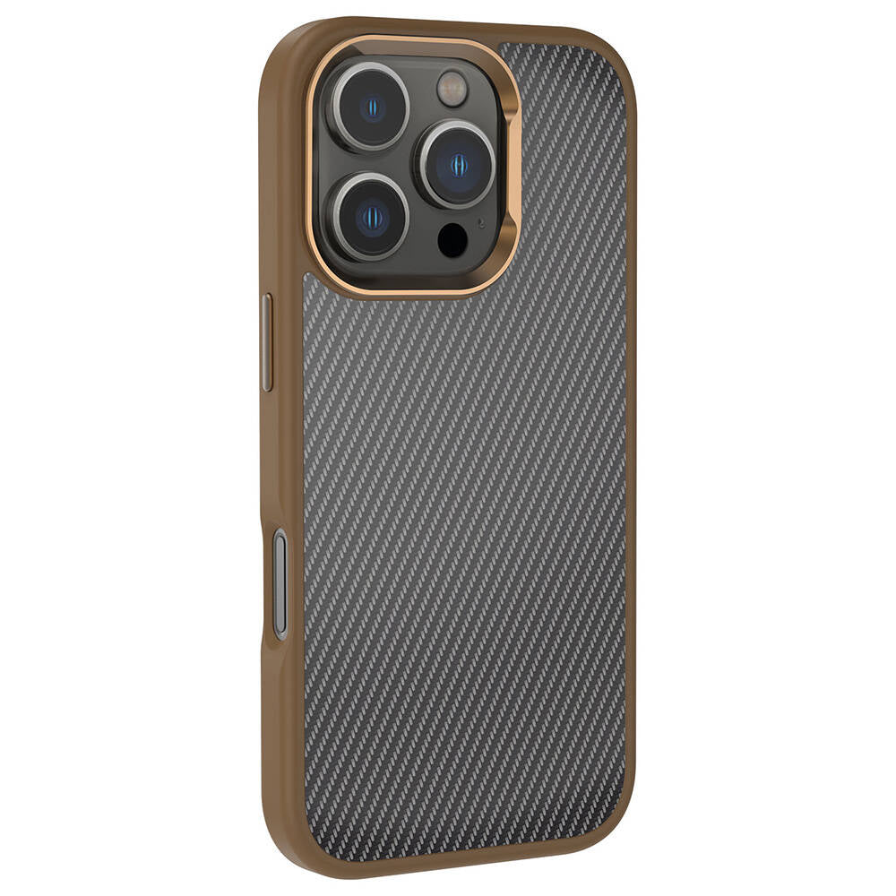 Apple iPhone 16 Pro Max Kılıf Karbon Fiber Görünümlü Parlak Kamera Çerçeveli Zore Venus Kapak Rose Brown