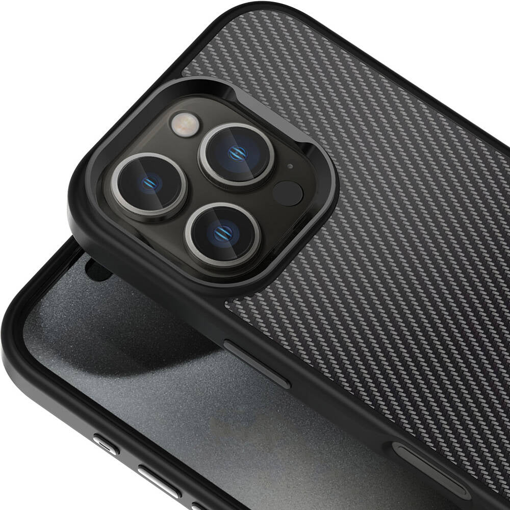 Apple iPhone 16 Pro Max Kılıf Karbon Fiber Görünümlü Parlak Kamera Çerçeveli Zore Venus Kapak Rose Brown