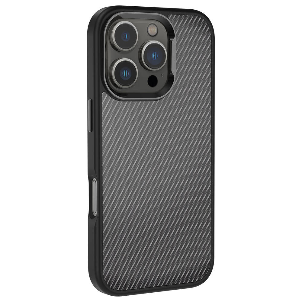 Apple iPhone 16 Pro Max Kılıf Karbon Fiber Görünümlü Parlak Kamera Çerçeveli Zore Venus Kapak Rose Brown